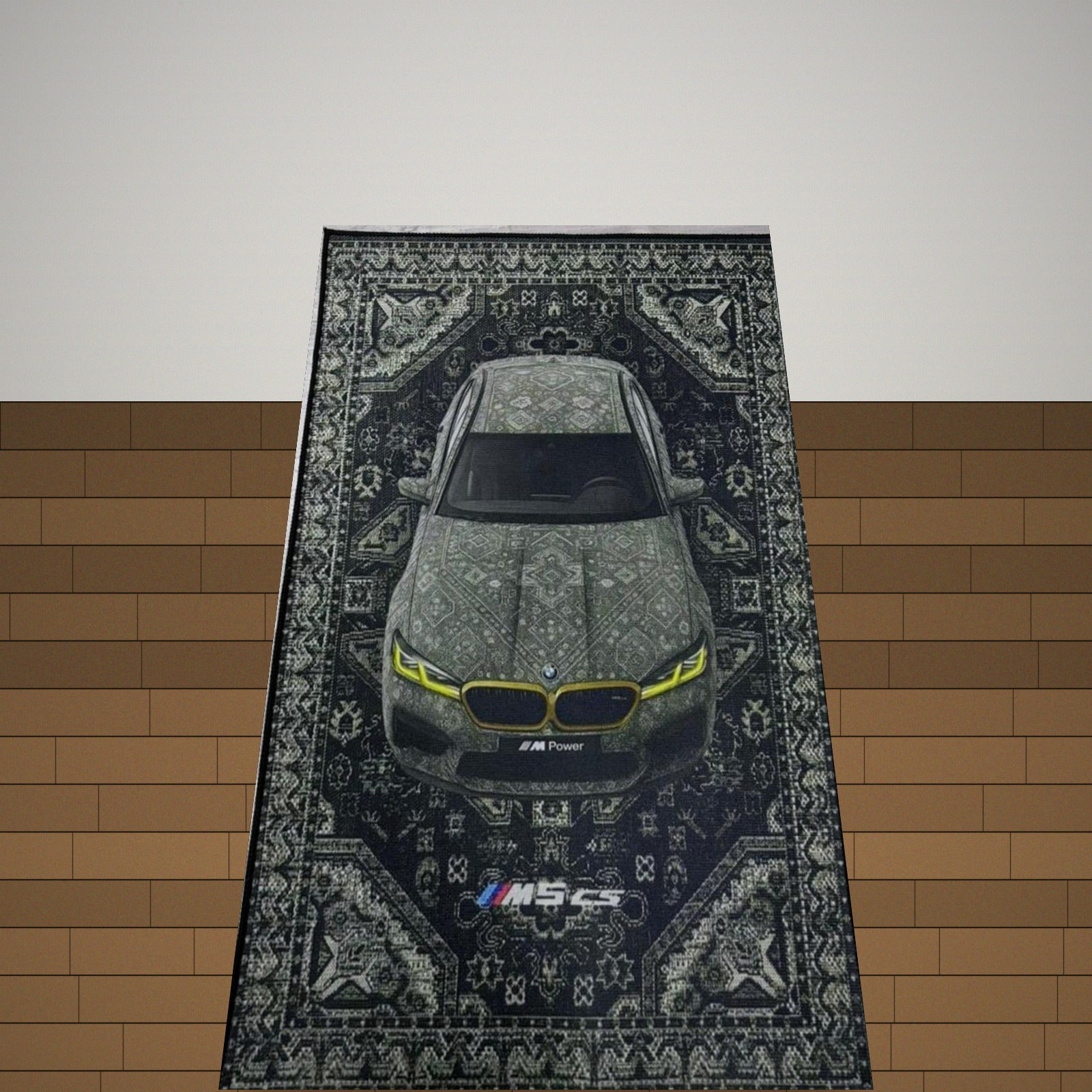 BMW M5 CS rug laid out on the floor of a modern room, angled perspective view