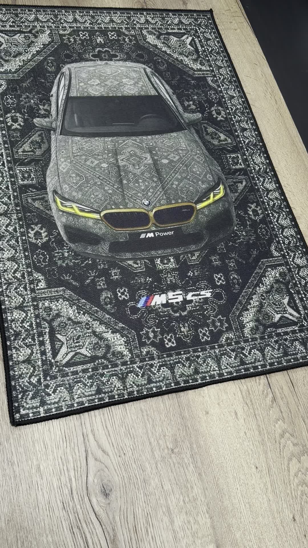 BMW M5 CS rug placed on a wood floor, angled room view