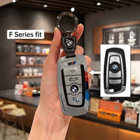 BMW Key Shell Case - Metal Cover with M Stripe Leather Strap & Keychain