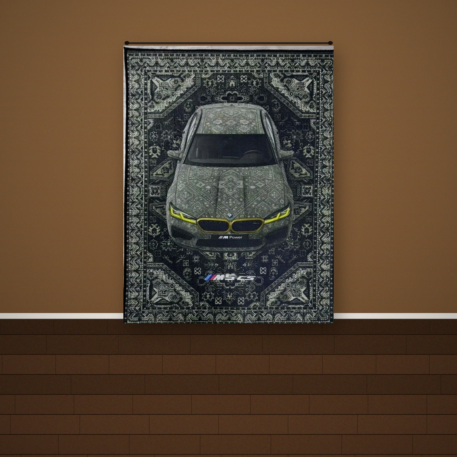 BMW M5 CS rug mounted on a wood paneled wall for a cozy cabin look
