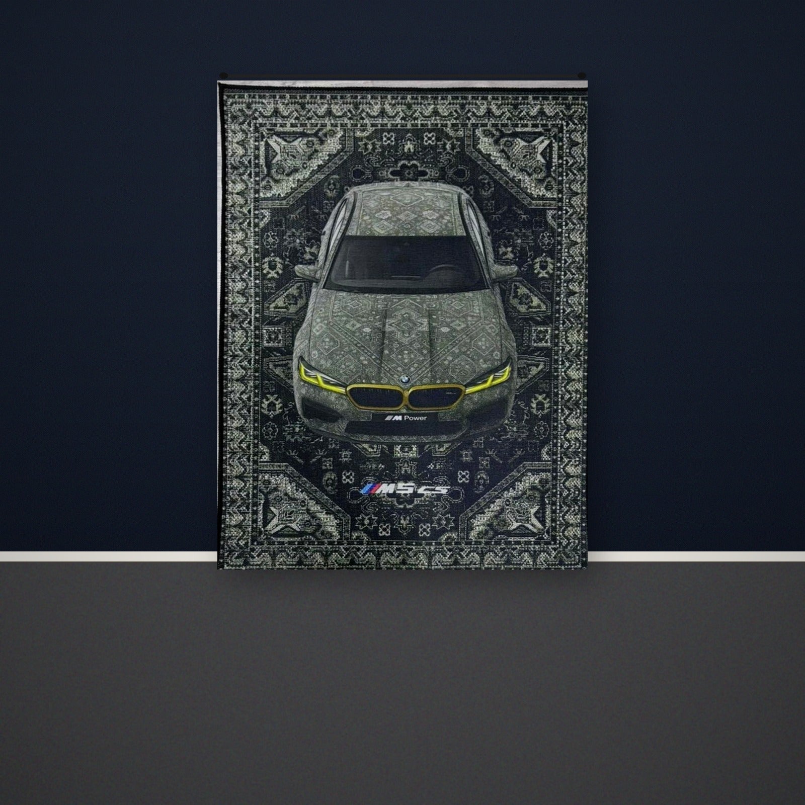 BMW M5 CS wall rug mounted on a dark navy man-cave wall, great for a garage or car room