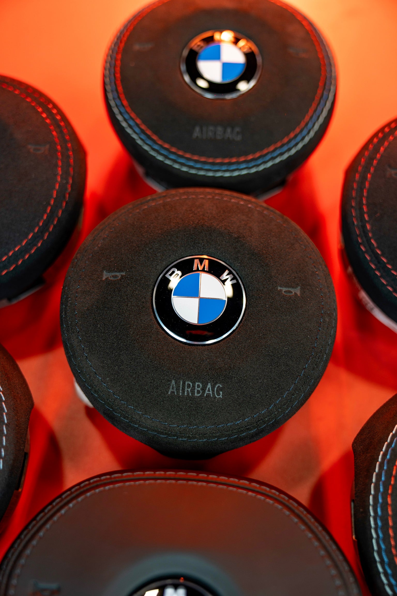 BMW F-Series Alcantara OEM Airbag Black Stitching - close up