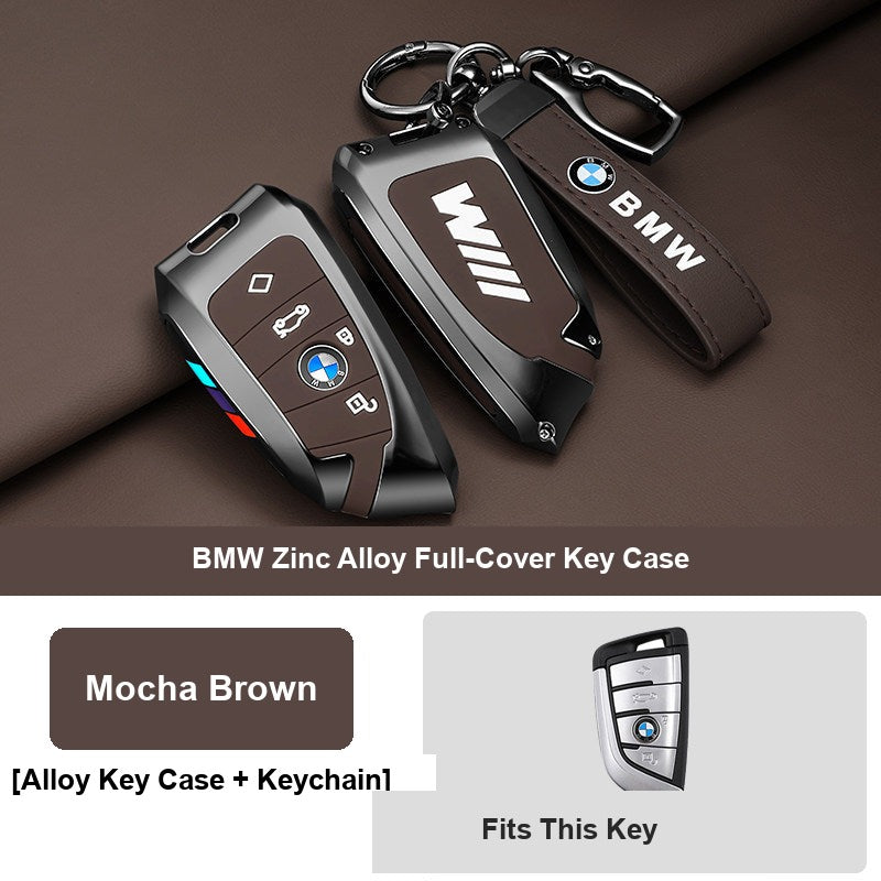 Mocha brown BMW key fob case Style D with leather keychain buckle, alternate angle