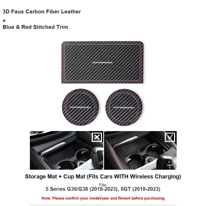 BMW carbon fiber leather storage and cup mat set for wireless charging console