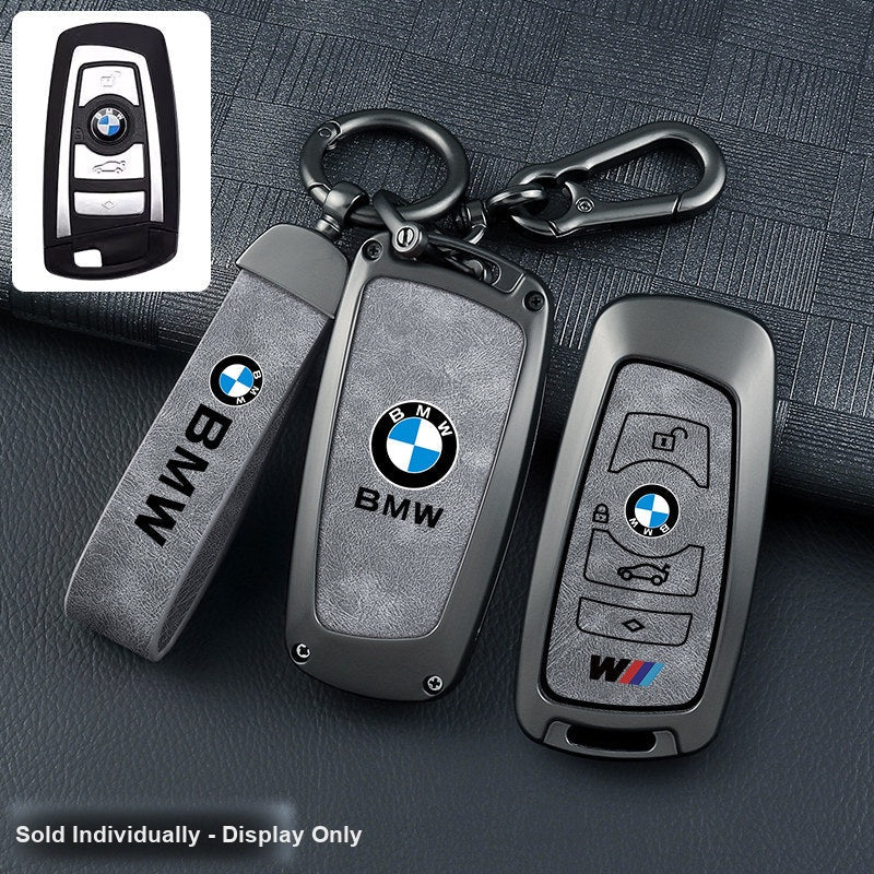 BMW key fob cover - gunmetal frame gray leather panel with belt keychain