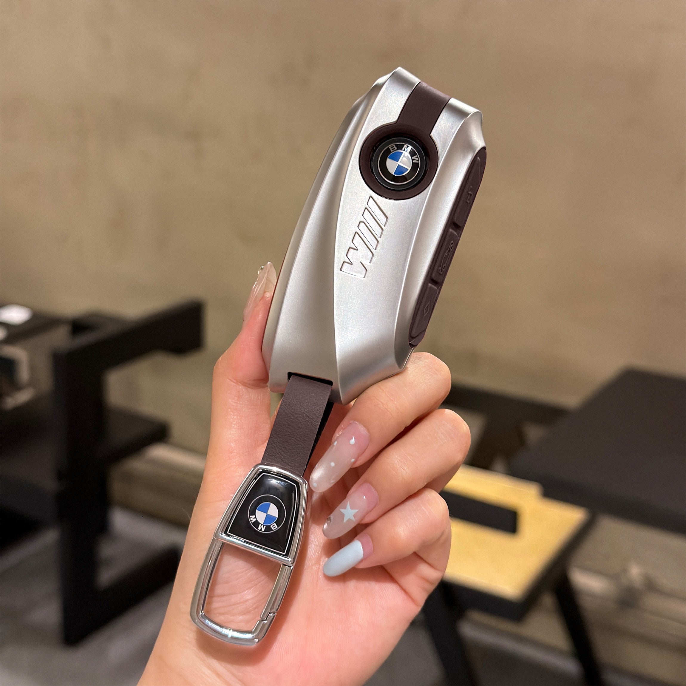 BMW Smart Key Fob Case - Style D, Silver Shell / Brown Interior, + Metal Buckle