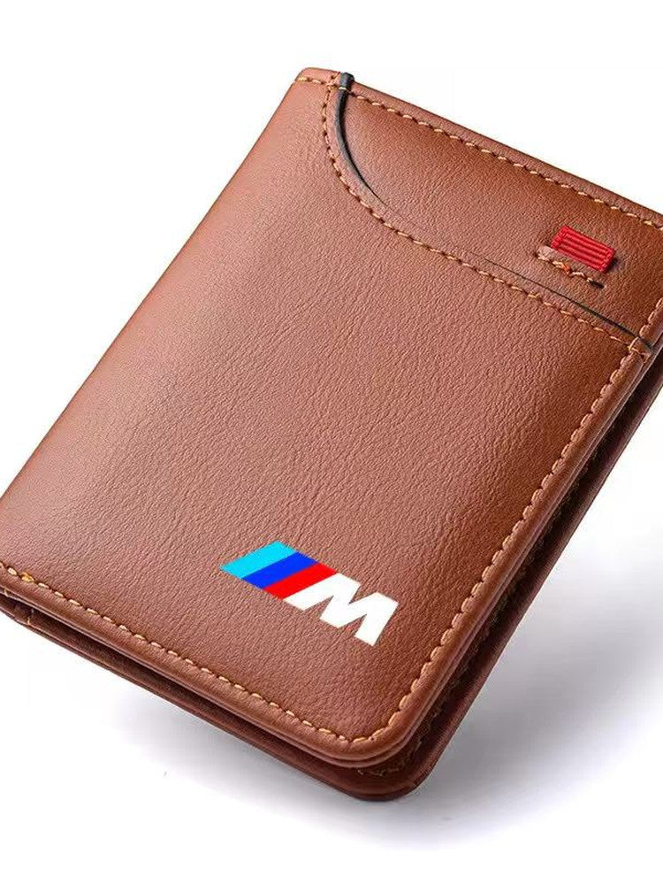 BMW leather wallet brown with M stripe logo, front view
