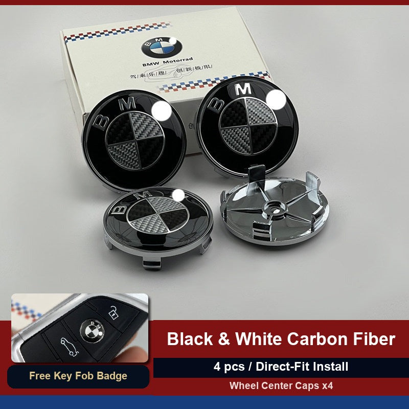 BMW carbon fiber wheel center cap badges, set of four, with packaging