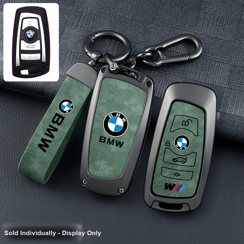 BMW key fob cover - gunmetal frame green leather panel with belt keychain