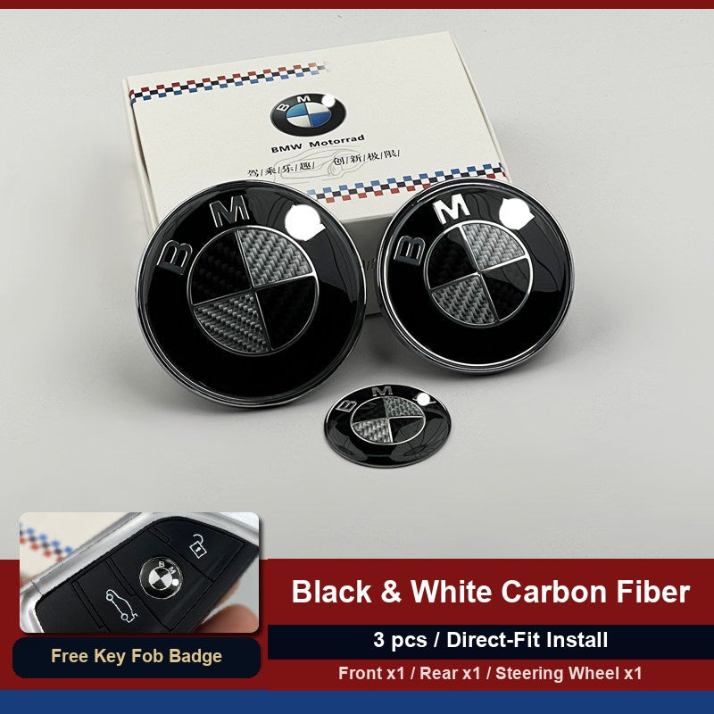 BMW carbon fiber front, rear, and steering wheel badge set of three