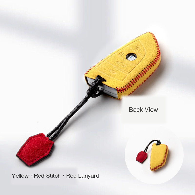 BMW Alcantara Key Fob Case - Style 11 - Yellow / Red Stitch