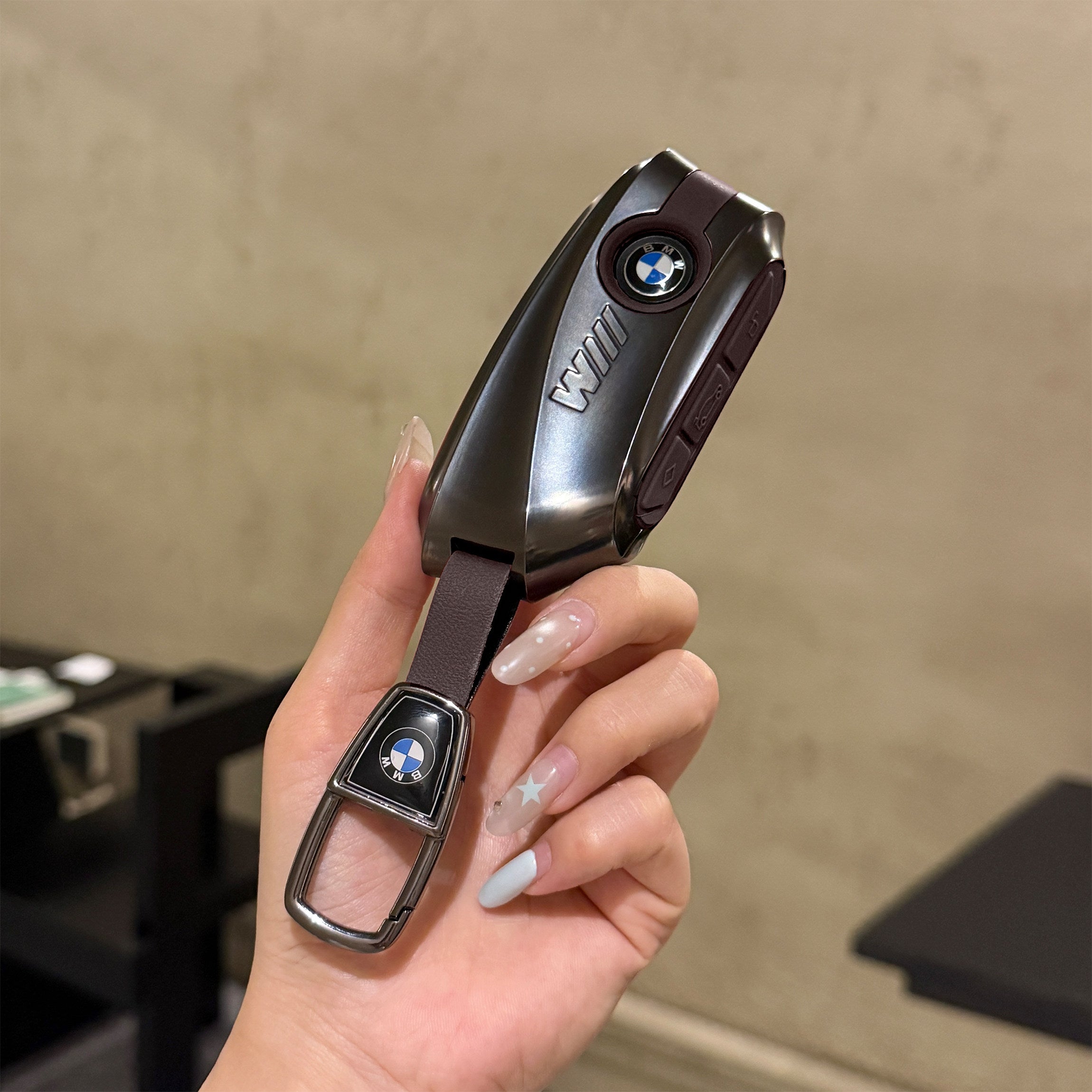 BMW Smart Key Fob Case - Style D, Black Shell / Brown Interior, + Metal Buckle