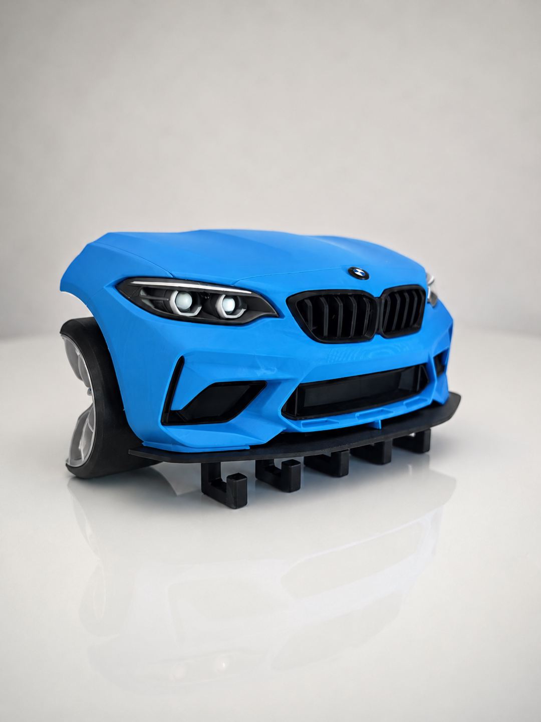 BMW M2 front end blue 3D wall key hook, angled view