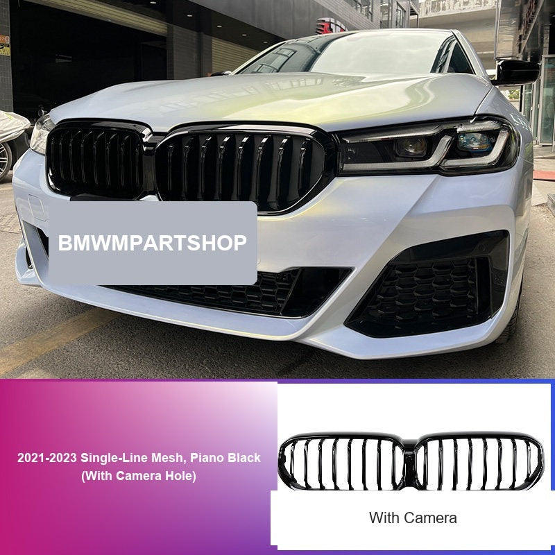 BMW 5 Series Grille - 2021-2023 Single-Line Mesh, Piano Black (With Camera Hole)