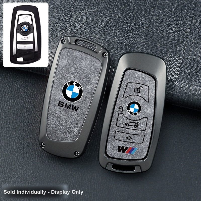 BMW key fob cover - gunmetal frame gray leather panel, shell only