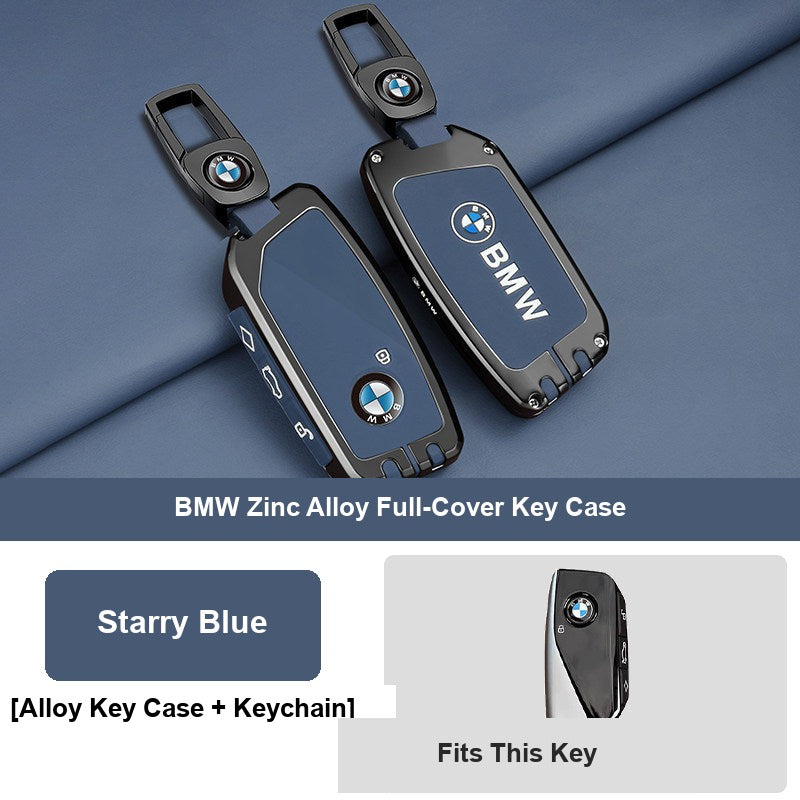 Starry blue BMW key fob case with leather keychain buckle
