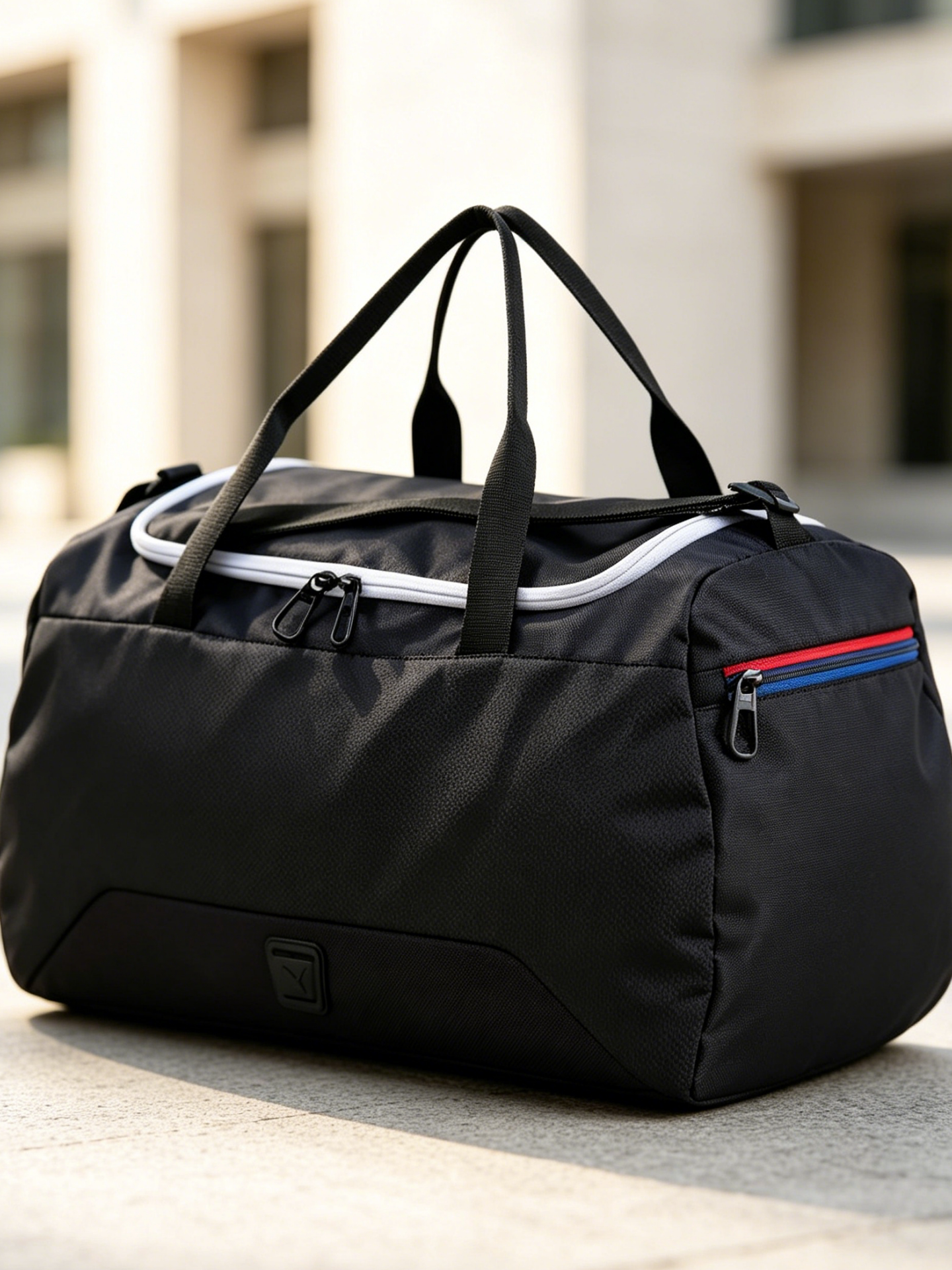 BMW M Motorsport duffel bag studio shot showing zip pocket and reinforced base