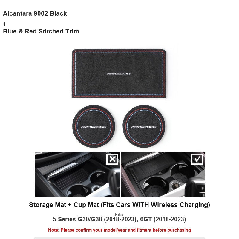 BMW Alcantara black storage and cup mat set for wireless charging console