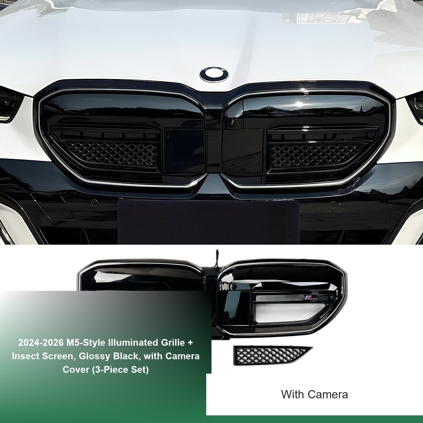 BMW 5 Series Grille - 2024-2026 M5-Style Illuminated Grille + Insect Screen, Glossy Black, with Camera Cover (3-Piece Set)
