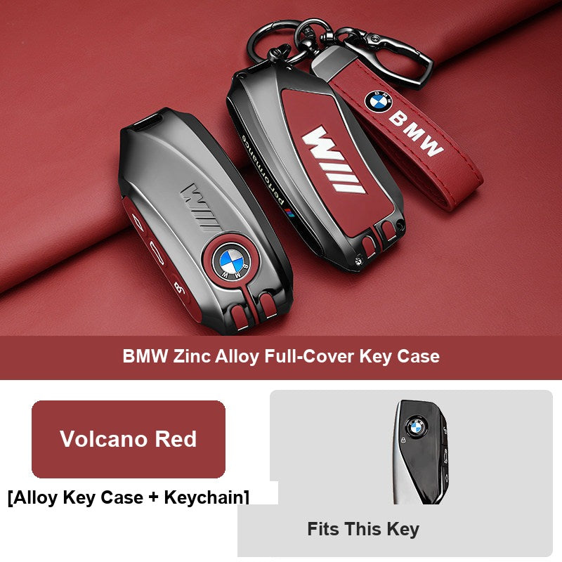 Volcano red BMW key fob case with leather keychain buckle, alternate angle