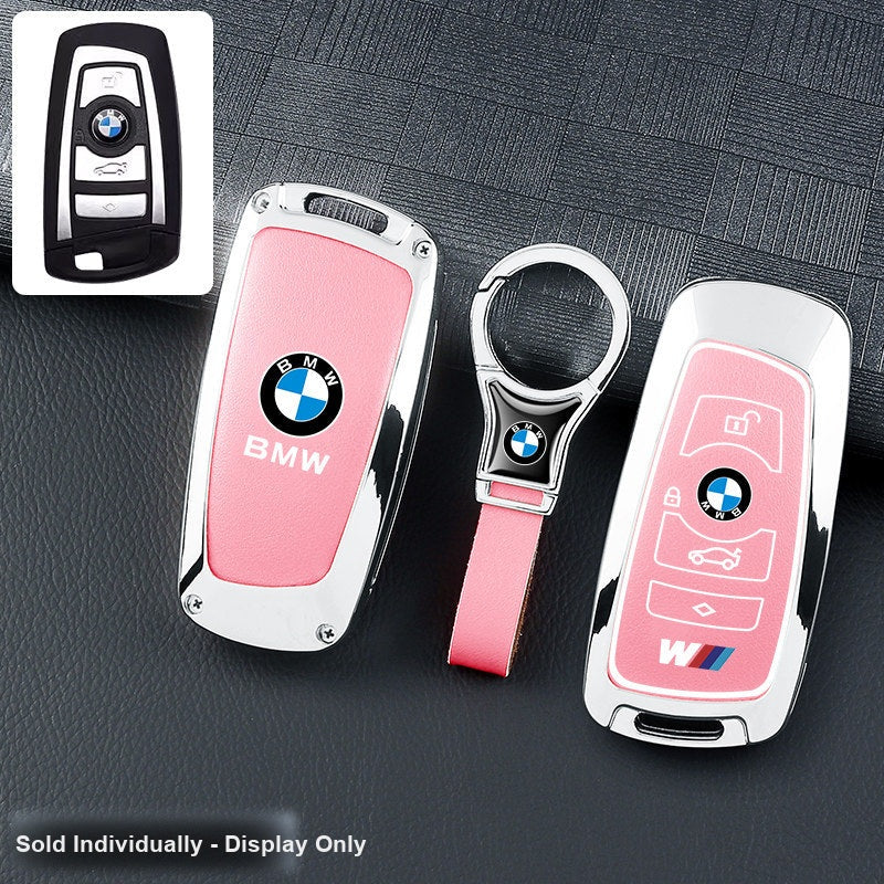 BMW key fob cover - silver frame pink leather panel with ring keychain