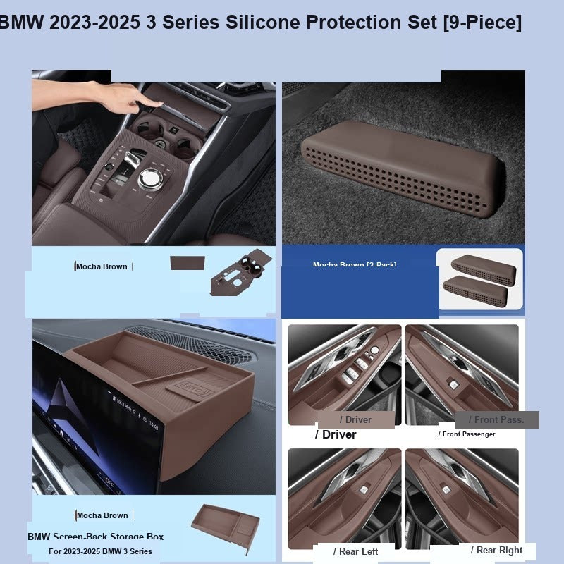 BMW center console silicone pad - 3 Series (2023-2026) - 9-Piece Set (+ Window Buttons) - Mocha Brown