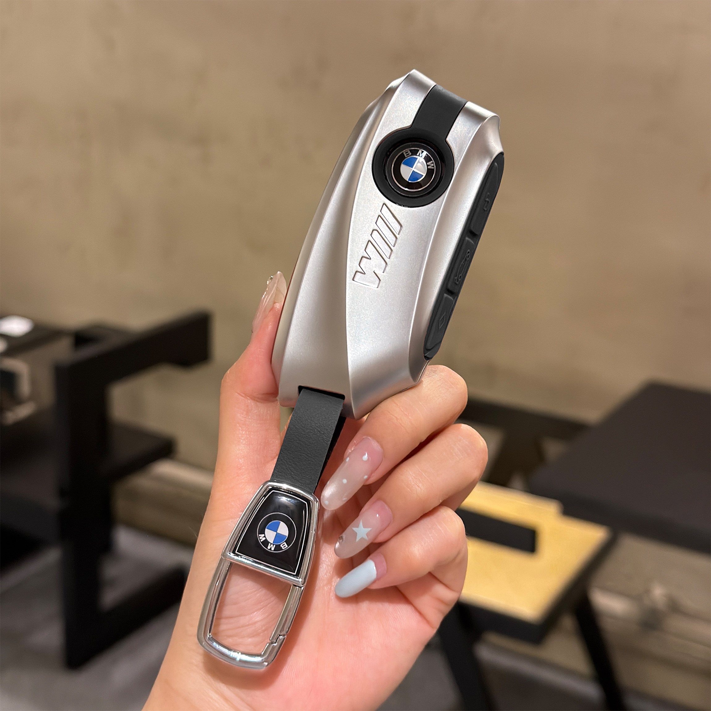 BMW Smart Key Fob Case - Style D, Silver Shell / Black Interior, + Metal Buckle