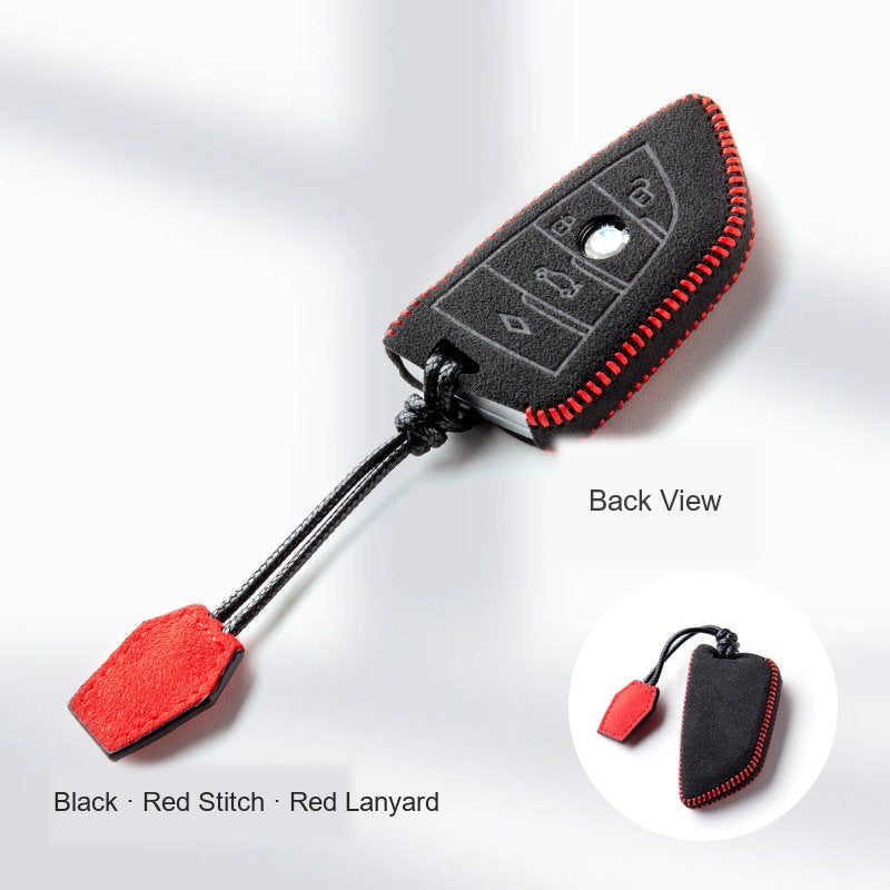 BMW Alcantara Key Fob Case - Style 7 - Black / Red Stitch