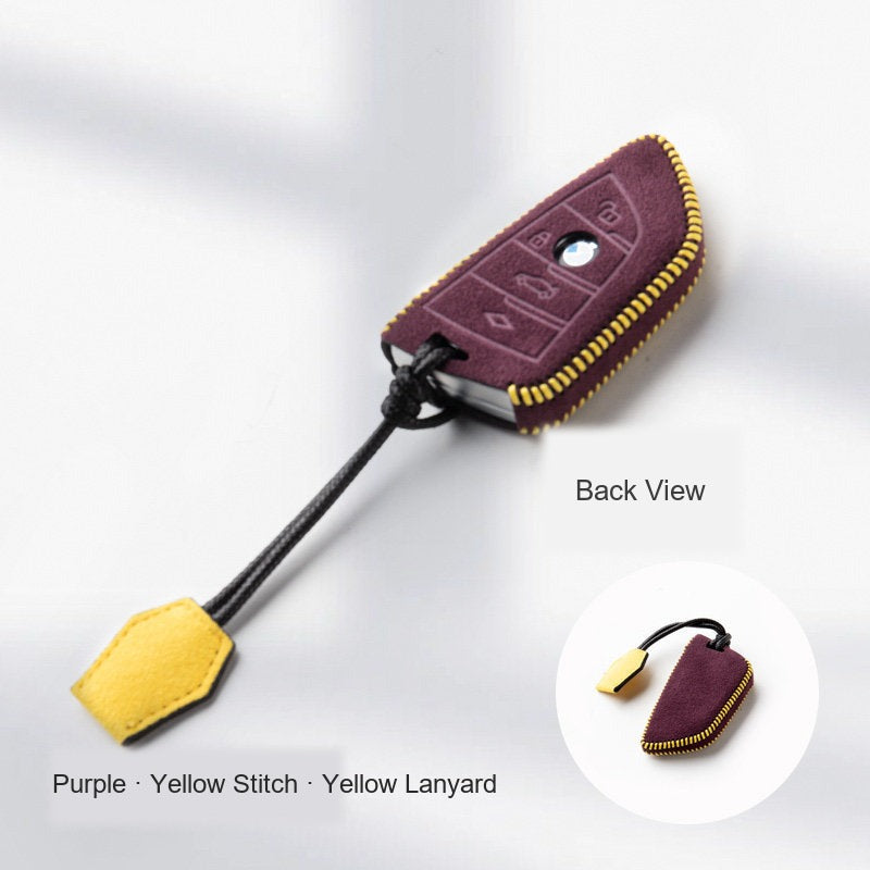 BMW Alcantara Key Fob Case - Style 21 - Purple / Yellow Stitch