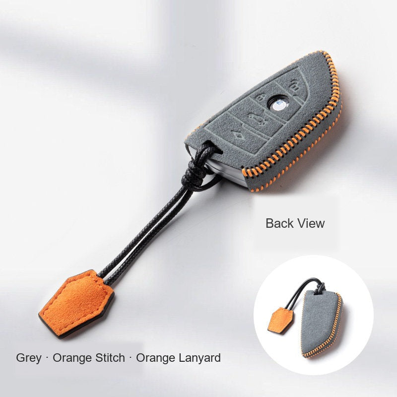 BMW Alcantara Key Fob Case - Style 1 - Grey / Orange Stitch