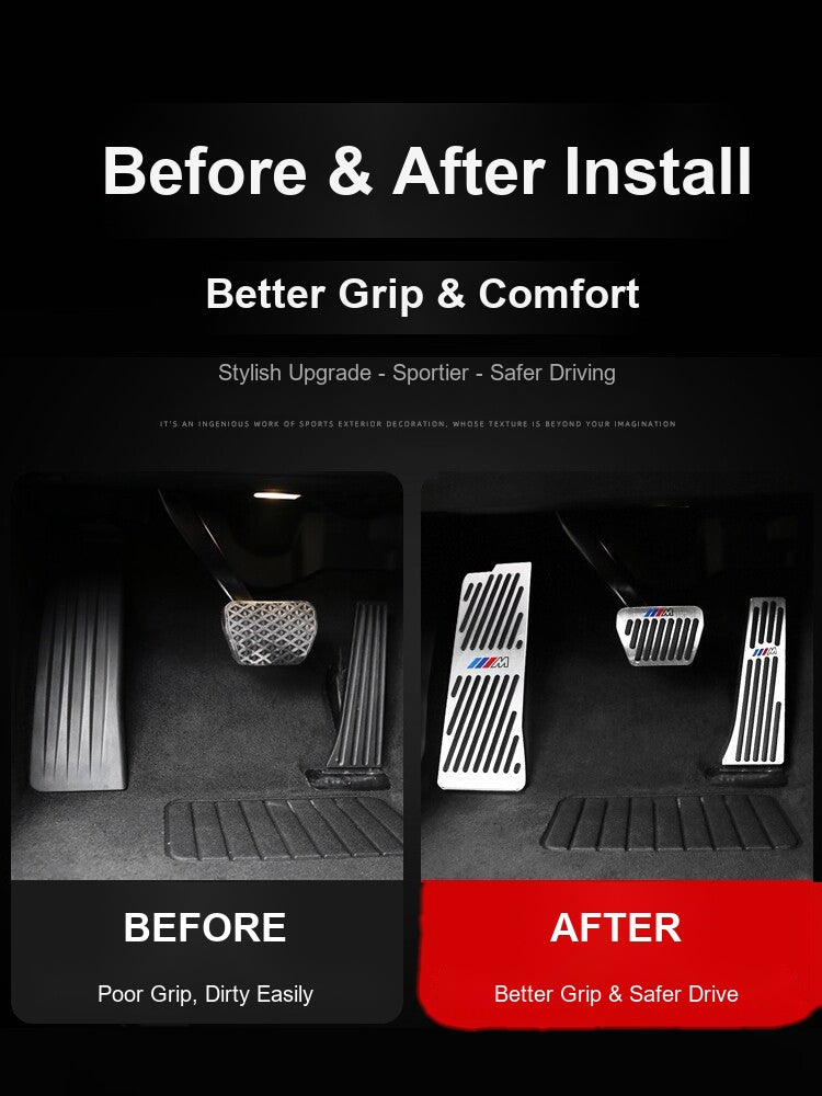 Before and after comparison of BMW footwell with and without aluminum pedal covers installed