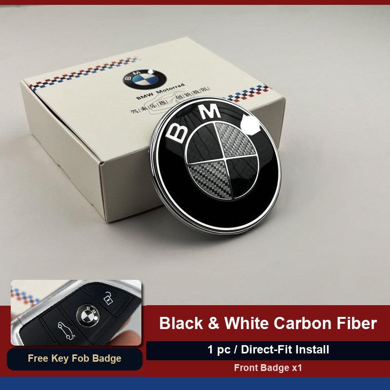 BMW carbon fiber front hood badge with retail packaging box and free key fob badge