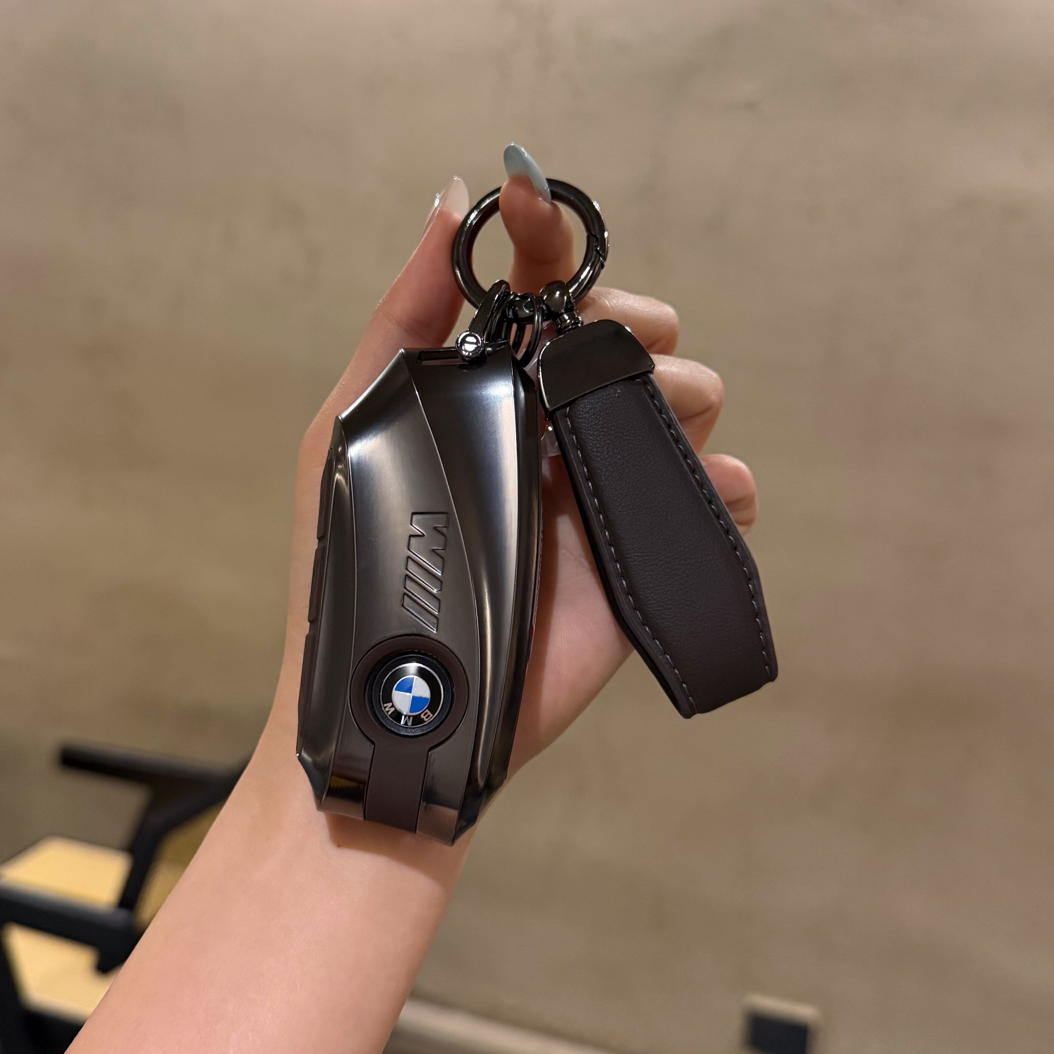 BMW Smart Key Fob Case - Style D, Silver Shell / Brown Interior, + Genuine Leather Keychain