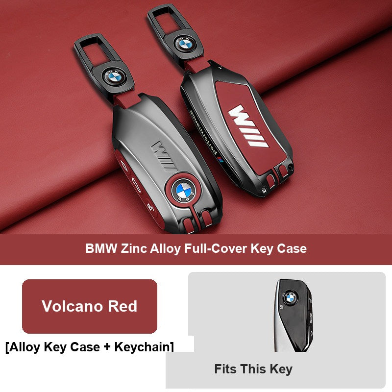 Volcano red BMW key fob case with leather keychain buckle and packaging