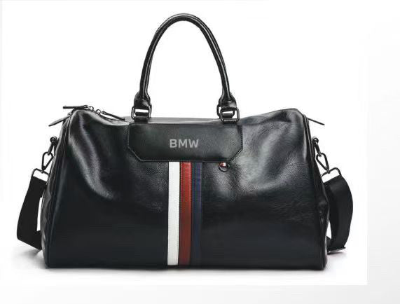 BMW leather-look duffel travel bag standing upright, handles visible