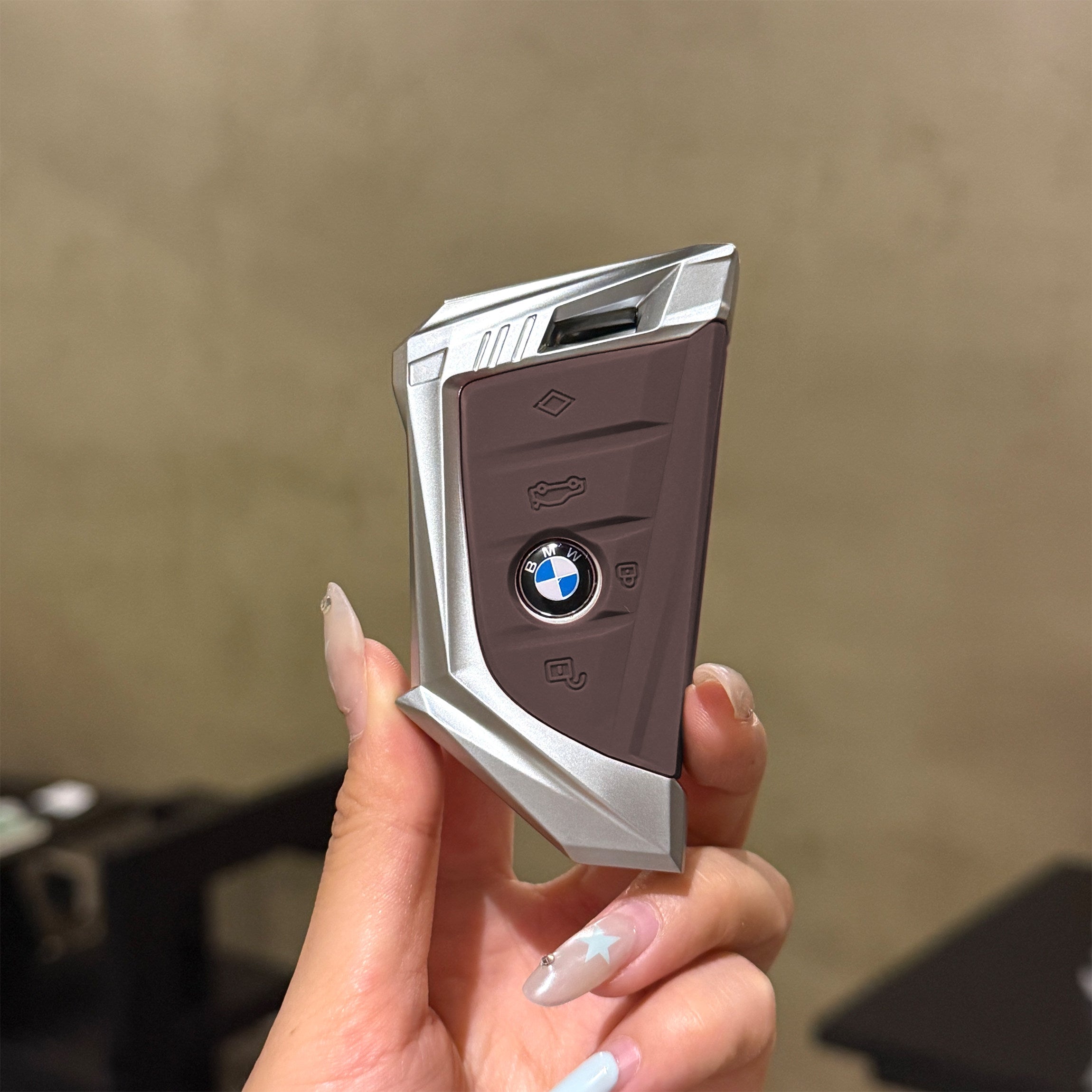 BMW Smart Key Fob Case - Style A, Silver Shell / Brown Interior, Shell Only