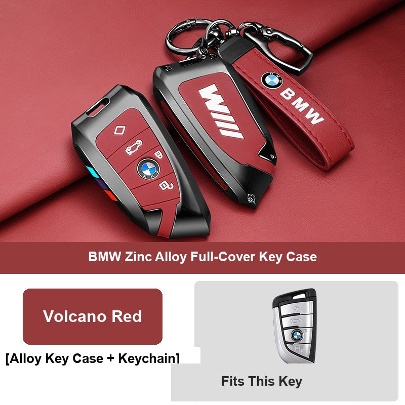 Volcano red BMW key fob case Style D with leather keychain buckle, alternate angle