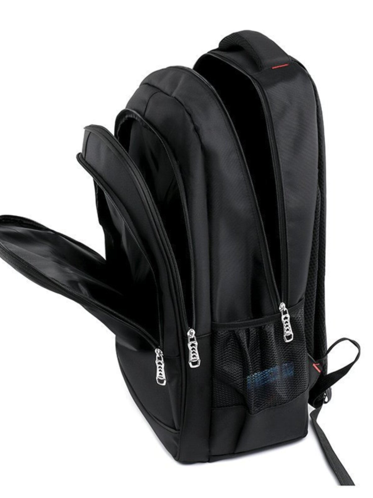 BMW logo backpack open showing main compartment and side mesh pocket