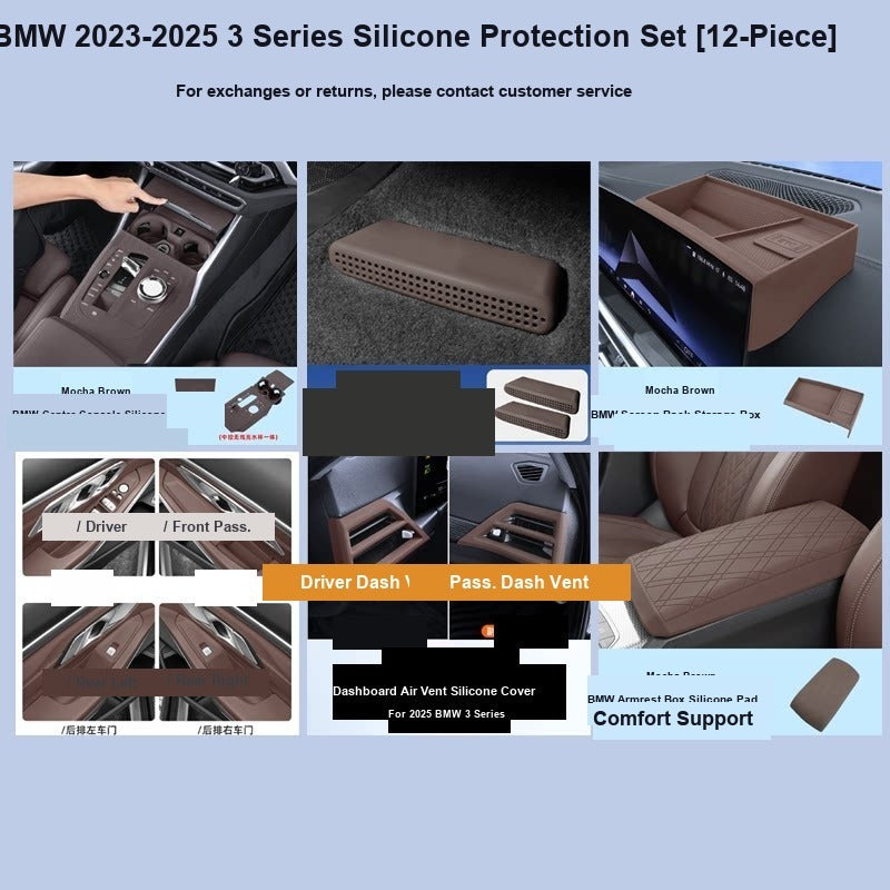 BMW center console silicone pad - 3 Series (2023-2026) - 12-Piece Set - Mocha Brown