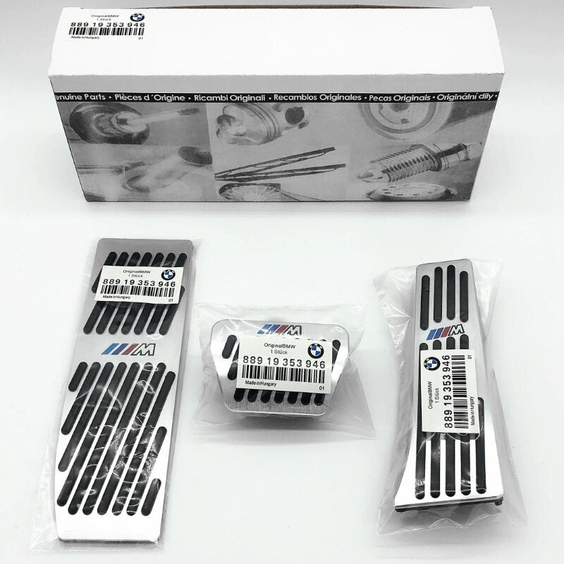 BMW 5 Series and i5 aluminum alloy pedal cover set with packaging