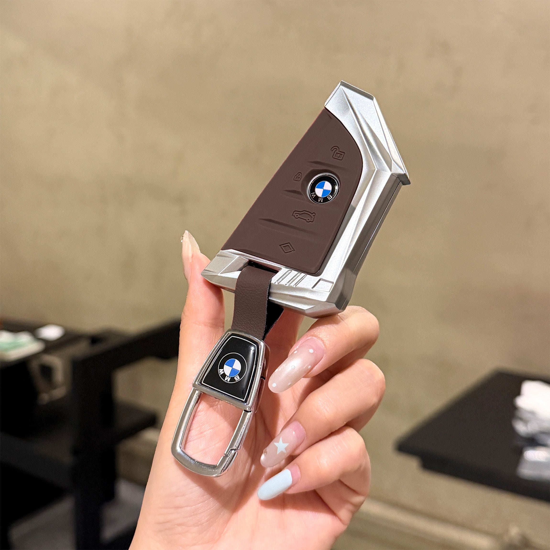BMW Smart Key Fob Case - Style A, Silver Shell / Brown Interior, + Metal Buckle