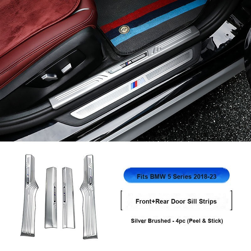 BMW 2018-2023 5 Series Long Wheelbase Door Sill Strip - 4-Piece (Interior Only) - Silver Stainless Steel Scuff Plate Guard