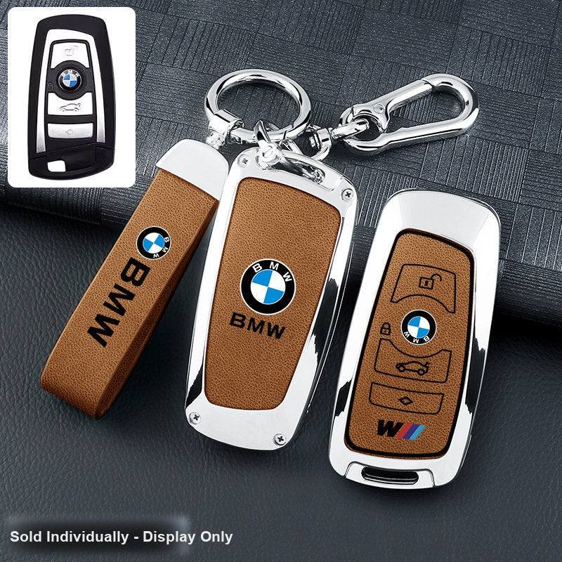 BMW key fob cover - silver frame brown leather panel with belt keychain