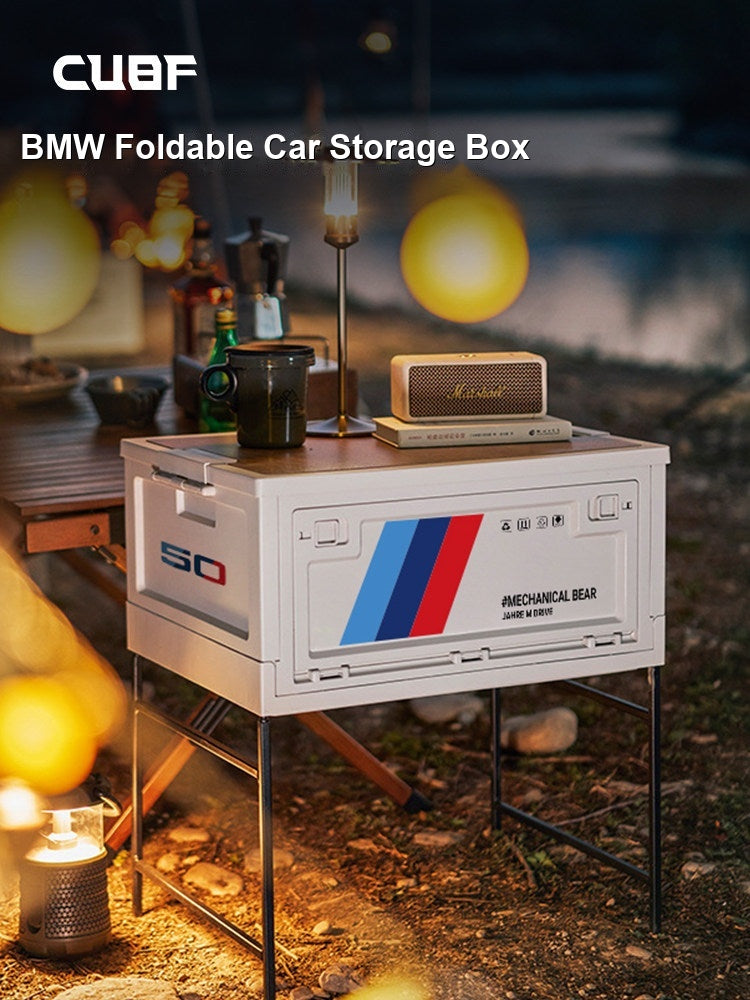 BMW 50th Anniversary foldable trunk storage box in camping setup