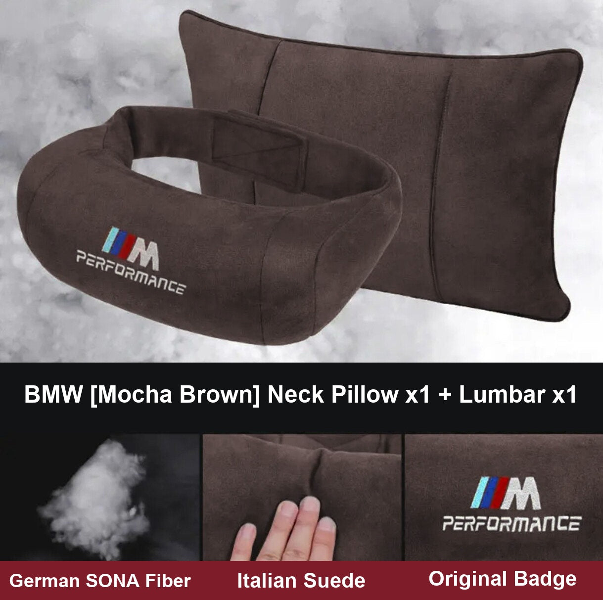 BMW M Performance neck pillow and lumbar support set, mocha brown, 1 plus 1