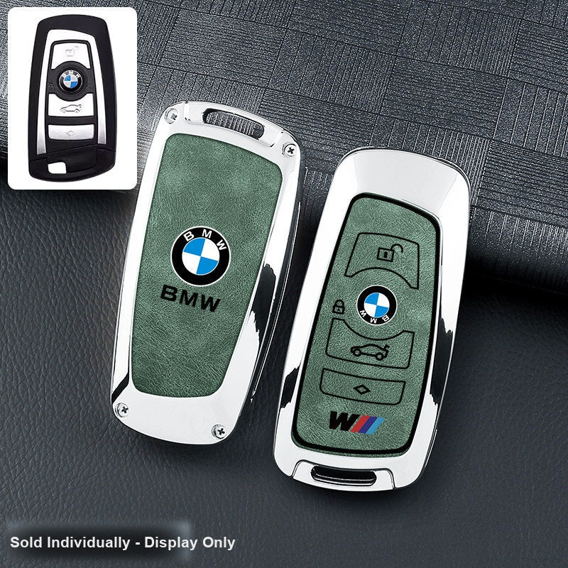 BMW key fob cover - silver frame green leather panel, shell only