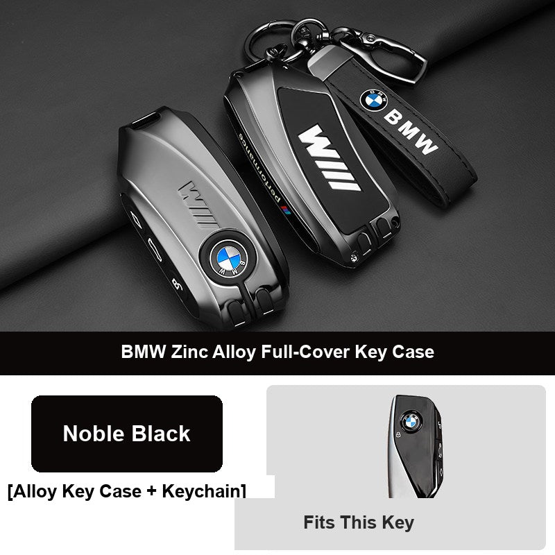 Noble black BMW key fob case with leather keychain buckle, alternate angle