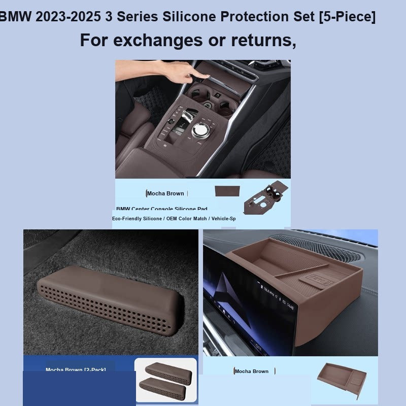 BMW center console silicone pad - 3 Series (2023-2026) - 5-Piece Set (+ Rear Screen Trim) - Mocha Brown