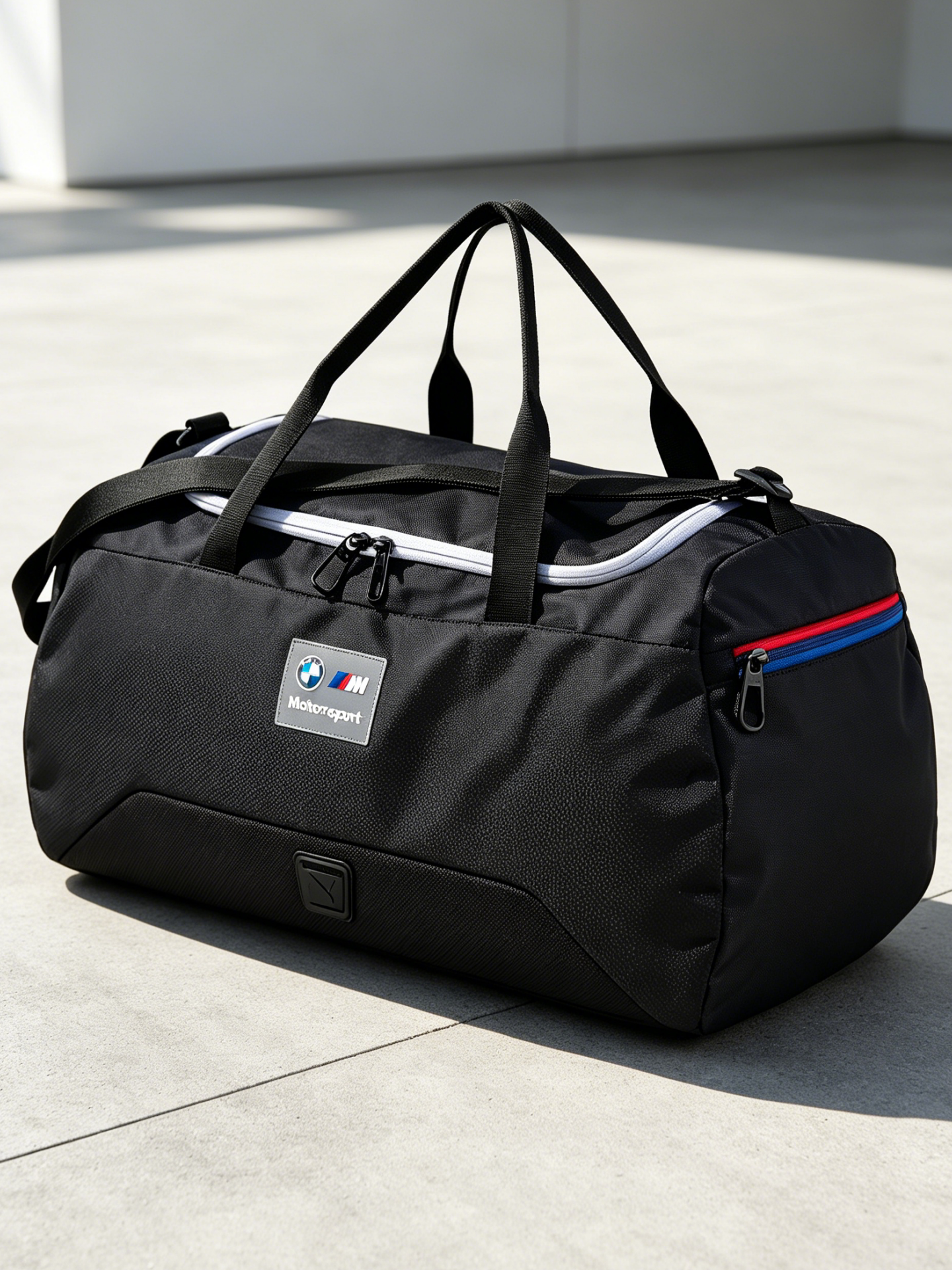 BMW M Motorsport duffel bag side view showing tricolor stripe and logo badge