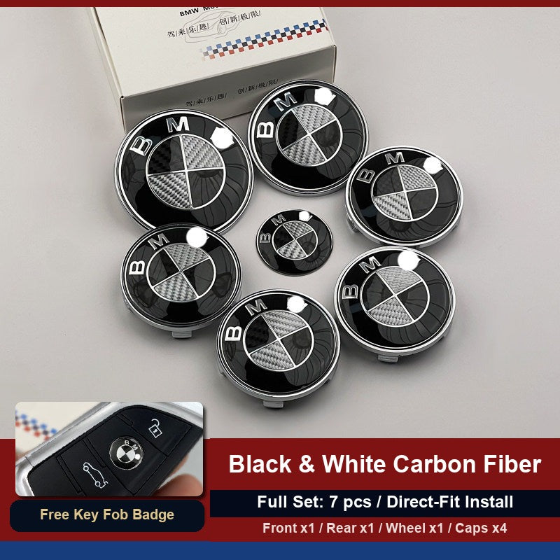 BMW carbon fiber full seven-piece badge set for hood, trunk, wheel, and steering wheel